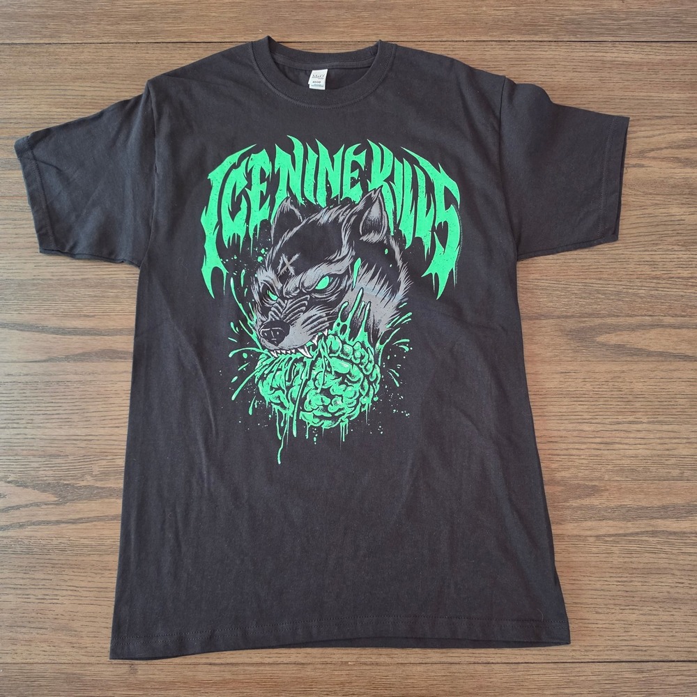 Ice Nine Kills Wolf Brain Graphic T-Shirt Black Neon Green Band Tee Medium NWOT